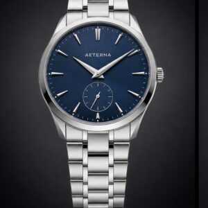 AETERNA Grand Dress Platinum Azure front view by TIMELY TRENDS | AETERNA Grand Dress Platinum Azure dial and case detail by TIMELY TRENDS | AETERNA Grand Dress Platinum Azure crown-side profile by TIMELY TRENDS