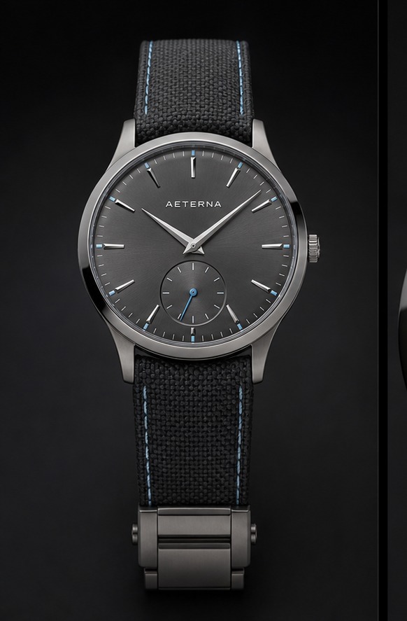 AETERNA Grand Dress Titanium Slate front view by TIMELY TRENDS | AETERNA Grand Dress Titanium Slate dial and case detail by TIMELY TRENDS | AETERNA Grand Dress Titanium Slate crown-side profile by TIMELY TRENDS