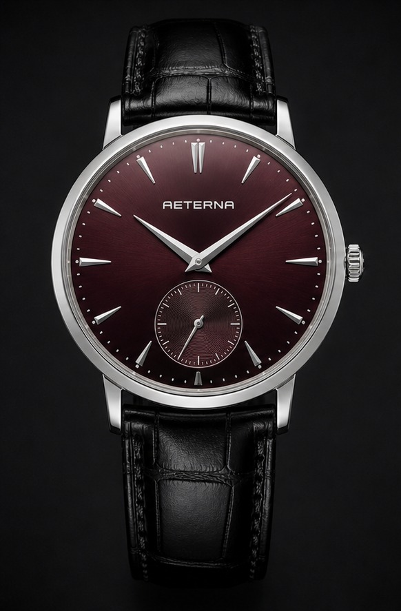 AETERNA Grand Dress White Gold Burgundy front view by TIMELY TRENDS | AETERNA Grand Dress White Gold Burgundy dial and case detail by TIMELY TRENDS | AETERNA Grand Dress White Gold Burgundy crown-side profile by TIMELY TRENDS