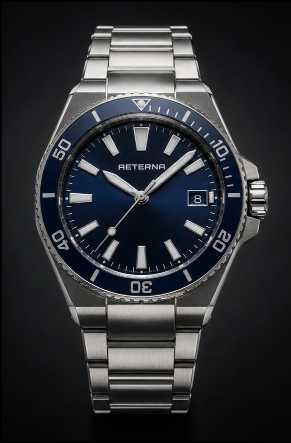 AETERNA Abyss Diver Platinum Azure front view by TIMELY TRENDS | AETERNA Abyss Diver Platinum Azure dial and case detail by TIMELY TRENDS | AETERNA Abyss Diver Platinum Azure crown-side profile by TIMELY TRENDS