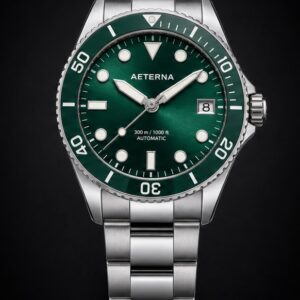 AETERNA Abyss Diver Steel Emerald front view by TIMELY TRENDS | AETERNA Abyss Diver Steel Emerald dial and case detail by TIMELY TRENDS | AETERNA Abyss Diver Steel Emerald crown-side profile by TIMELY TRENDS