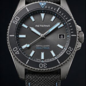 AETERNA Abyss Diver Titanium Slate front view by TIMELY TRENDS | AETERNA Abyss Diver Titanium Slate dial and case detail by TIMELY TRENDS | AETERNA Abyss Diver Titanium Slate crown-side profile by TIMELY TRENDS