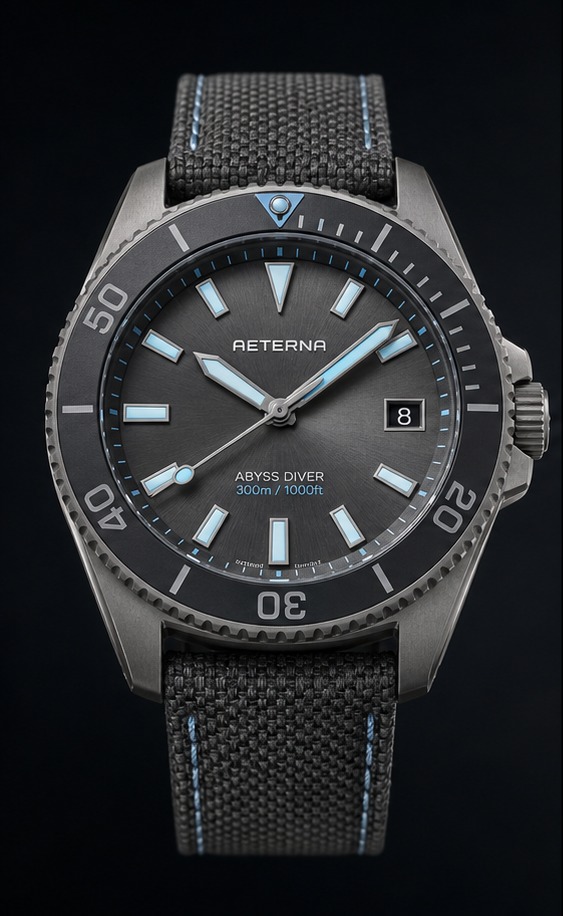 AETERNA Abyss Diver Titanium Slate front view by TIMELY TRENDS | AETERNA Abyss Diver Titanium Slate dial and case detail by TIMELY TRENDS | AETERNA Abyss Diver Titanium Slate crown-side profile by TIMELY TRENDS