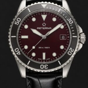 AETERNA Abyss Diver White Gold Burgundy front view by TIMELY TRENDS | AETERNA Abyss Diver White Gold Burgundy dial and case detail by TIMELY TRENDS | AETERNA Abyss Diver White Gold Burgundy crown-side profile by TIMELY TRENDS