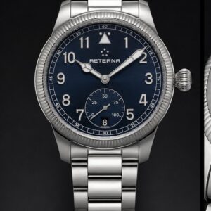 AETERNA Aviator Command Platinum Azure front view by TIMELY TRENDS | AETERNA Aviator Command Platinum Azure dial and case detail by TIMELY TRENDS | AETERNA Aviator Command Platinum Azure crown-side profile by TIMELY TRENDS