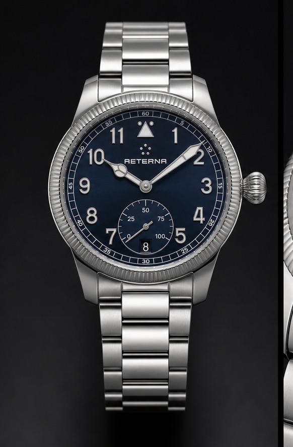 AETERNA Aviator Command Platinum Azure front view by TIMELY TRENDS | AETERNA Aviator Command Platinum Azure dial and case detail by TIMELY TRENDS | AETERNA Aviator Command Platinum Azure crown-side profile by TIMELY TRENDS