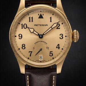 AETERNA Aviator Command Champagne Gold front view by TIMELY TRENDS | AETERNA Aviator Command Champagne Gold dial and case detail by TIMELY TRENDS | AETERNA Aviator Command Champagne Gold crown-side profile by TIMELY TRENDS